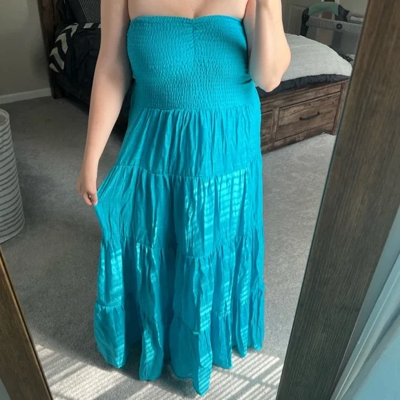 Blue Strapless Ruffle Maxi Dress - Picture 2 of 6